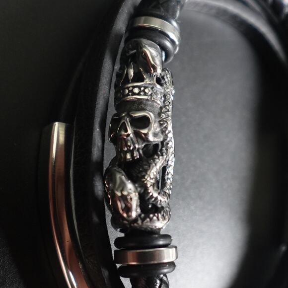 Stainless Steel Bar Accent and Leather Bracelet with Skull & Snake - Picture 8 of 9